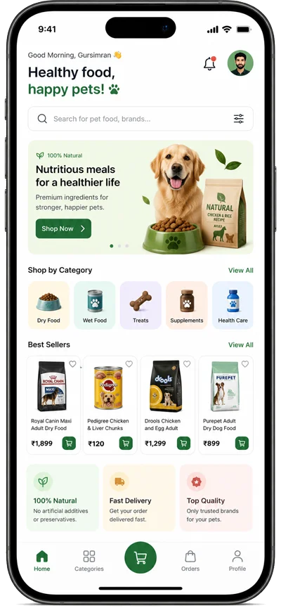 Pet food store mobile app interface